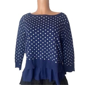 Chaps Women’s Mock Layer Polka Dot Sweater Top Size Petite L Blue & White Preppy